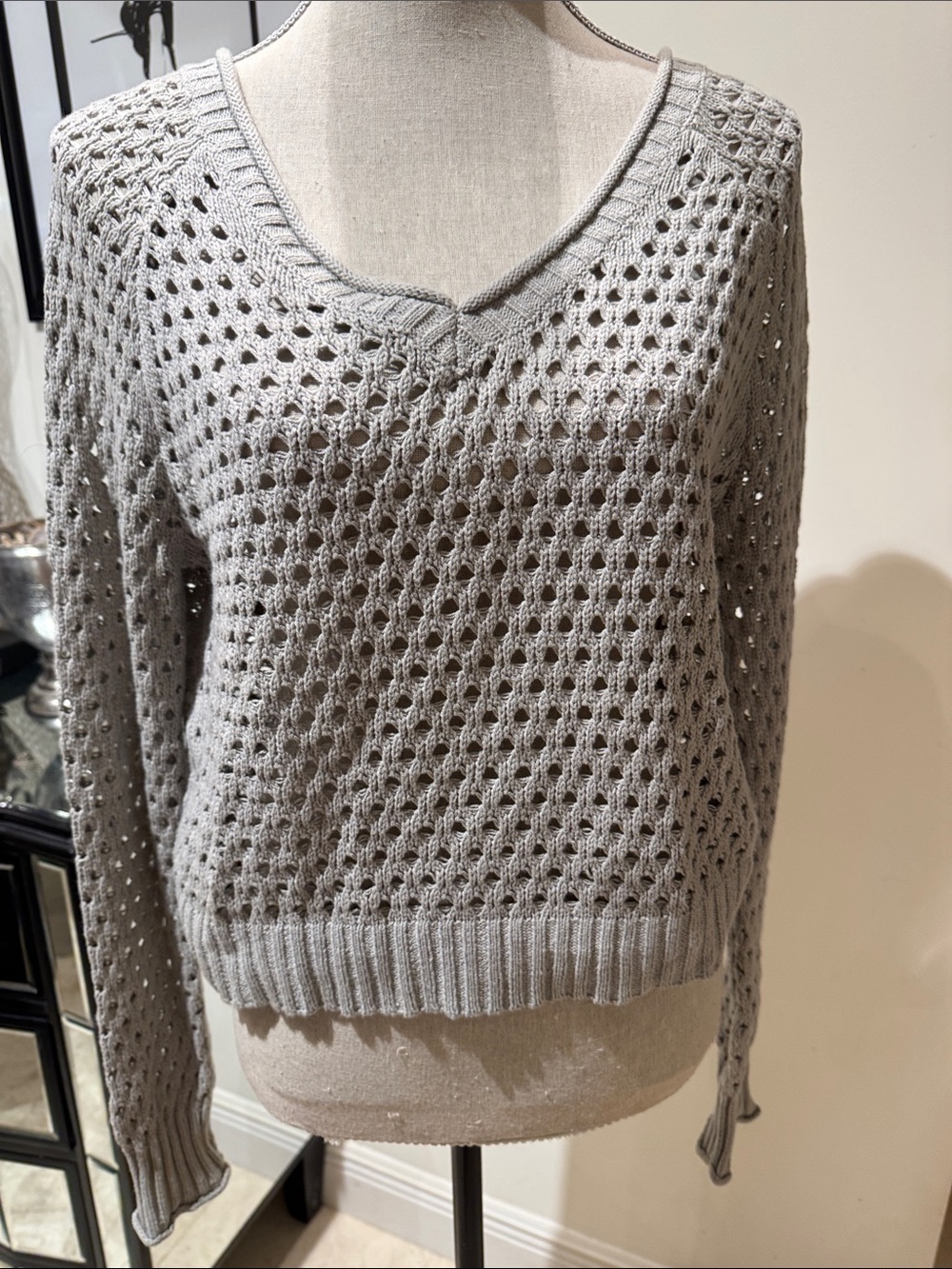 Buffalo David Bitton Light Gray Open-Knit V-Neck Sweater